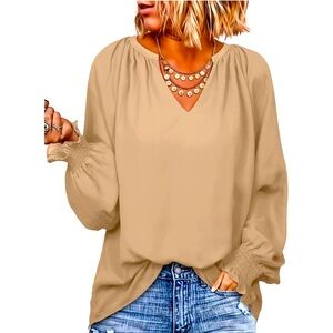 Smocked long sleeve V Neck Casual chiffon blouse